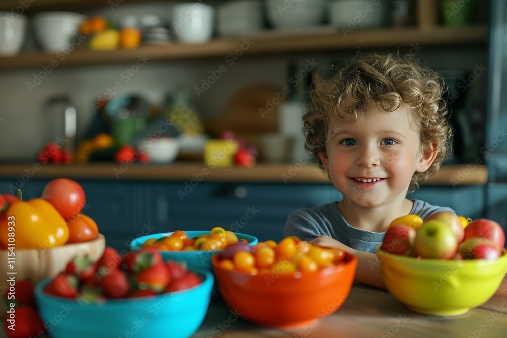 Fototapeta premium A cheerful child with curly hair smiling at the camera surrounded by colorful food bowls