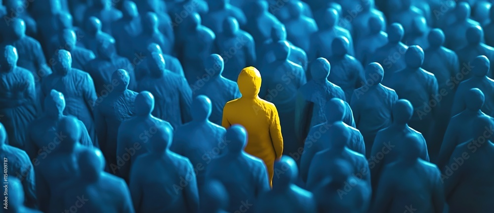 Fototapeta premium A person in yellow stands out among the blue people