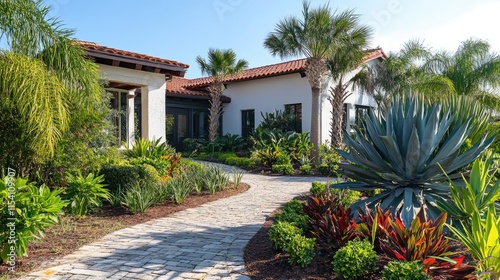 Lush ornamental shrubs and vibrant plants enhancing a beautiful residential landscape near a modern house photo