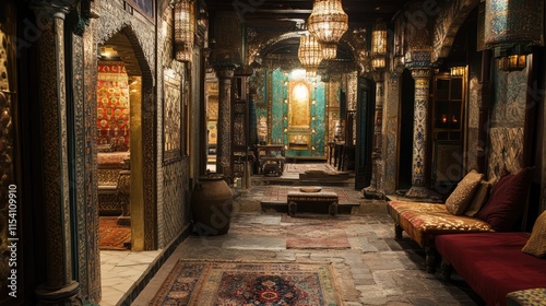 Intricate historic architecture of a traditional caravanserai showcasing rich decor and a vibrant bazaar atmosphere.
