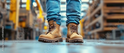 Wallpaper Mural A person wearing work boots and jeans stands on the floor of an industrial building, with the focus on their feet in a close-up view. Torontodigital.ca