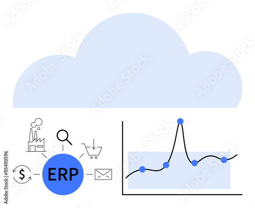 Cloud backdrop ERP system icon with industrial financial analysis symbols. Ideal for business, technology, innovation, communication, management, data analysis, efficiency. Line metaphor