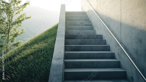 Modern Outdoor Concrete Staircase Surrounded by Grass with Stainless Steel Handrail and Scenic Background