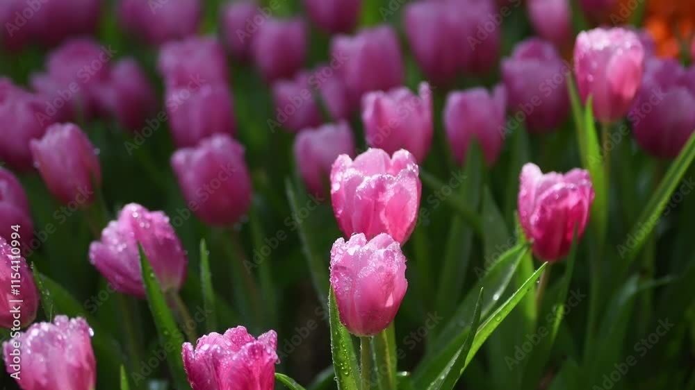 Tulipa with inflorescence of purple flowers in full bloom growing in botanic garden. Tulipa with inflorescence of purple flowers in full bloom growing in botanic garden.