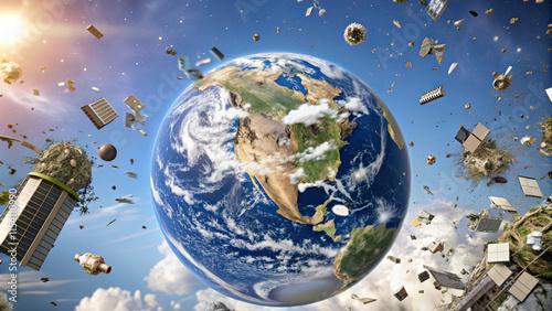 Floating debris surrounds Earth, showcasing the environmental challenges posed by space pollution. This striking visual emphasizes the urgent need for solutions to space waste photo