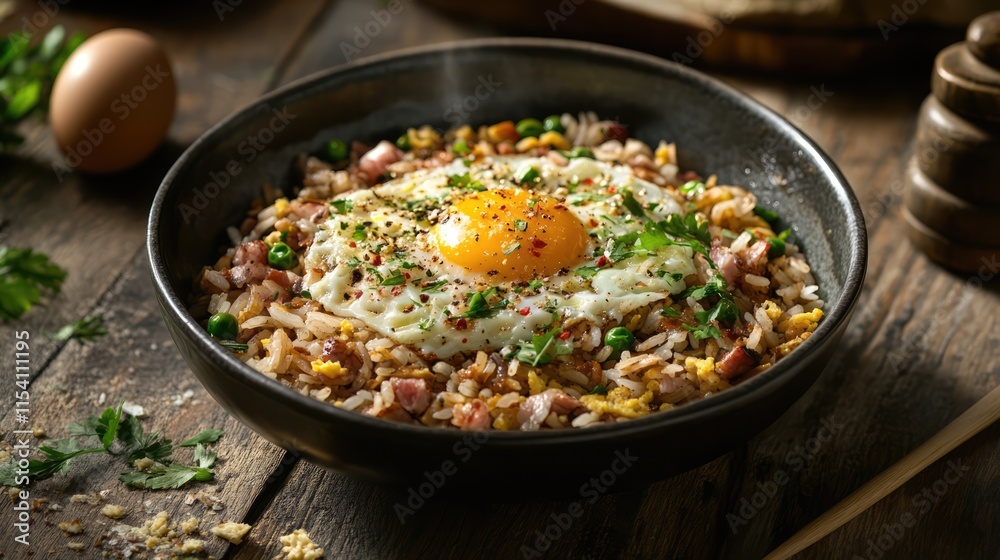 Oriental egg fried rice garnished with herbs served in a bowl on a rustic wooden table with eggs in the background Oriental egg fried rice garnished with herbs served in a bowl on a rustic wooden table with eggs in the background