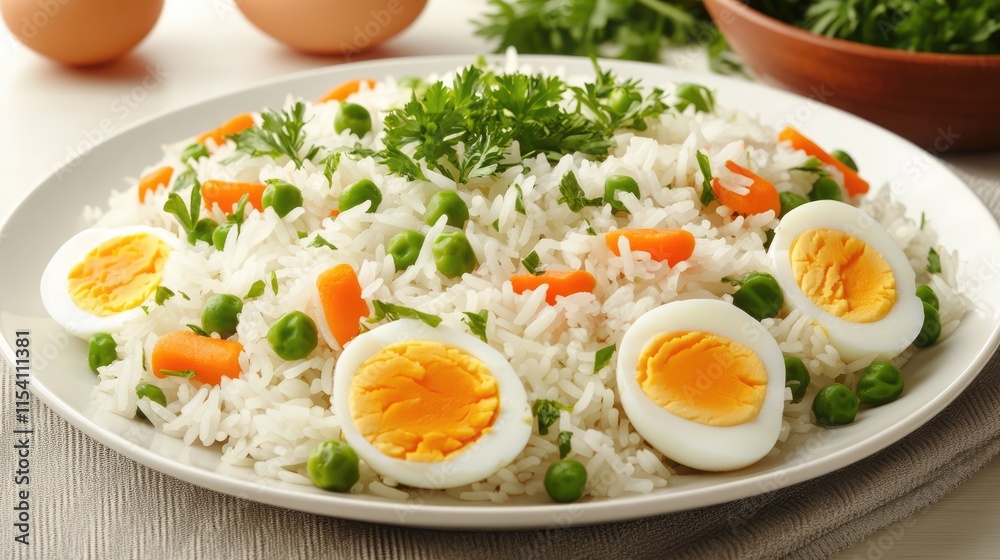 Delicious Basmati rice dish garnished with green peas, carrots, and sliced eggs on a white plate with fresh herbs in the background Delicious Basmati rice dish garnished with green peas, carrots, and sliced eggs on a white plate with fresh herbs in the background