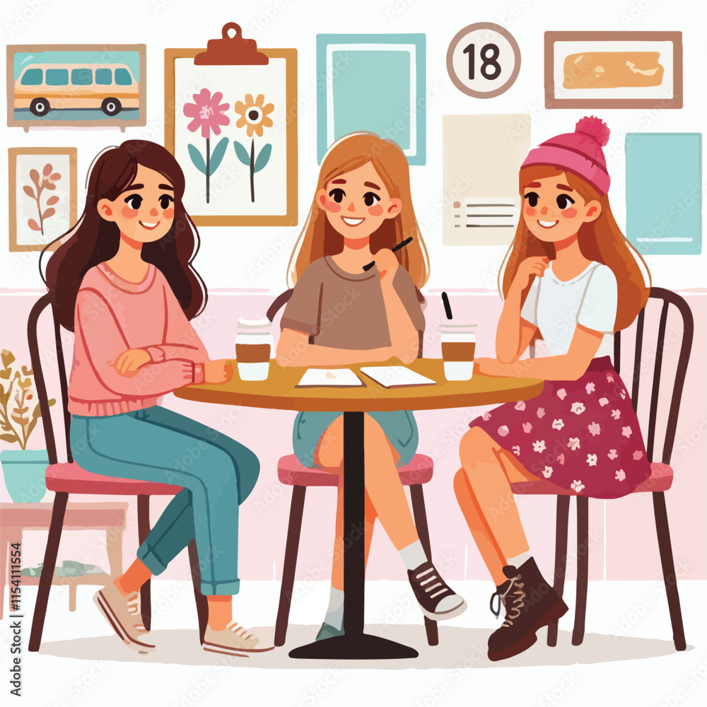 Flat young girl friends in cafe on meeting vector image vector on a white background Flat young girl friends in cafe on meeting vector image vector on a white background