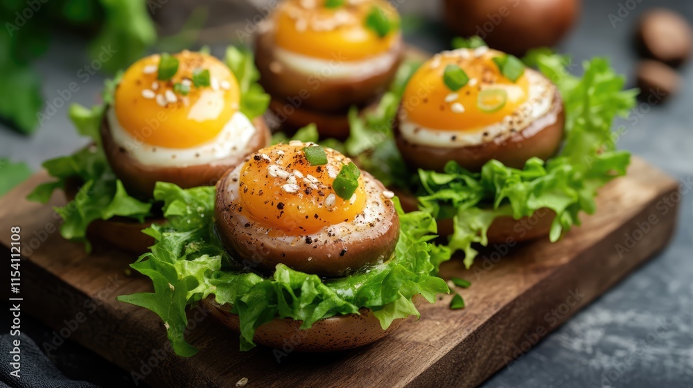 Stuffed egg appetizers resembling porcini mushrooms served on fresh lettuce leaves with seasoning and garnish Stuffed egg appetizers resembling porcini mushrooms served on fresh lettuce leaves with seasoning and garnish