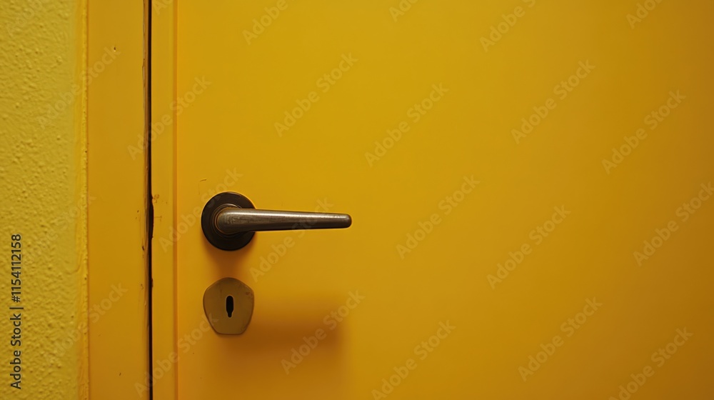 Modern metal door handle on a vibrant yellow door with keyhole highlighting contemporary design and color aesthetics Modern metal door handle on a vibrant yellow door with keyhole highlighting contemporary design and color aesthetics