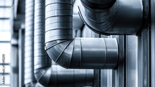 Modern ventilation system for industrial applications featuring interconnected ducts and pipes in a contemporary architectural setting.