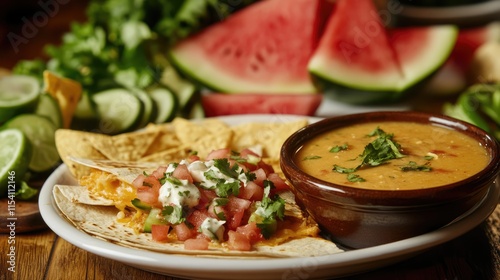 Chicken quesadilla with fresh toppings served alongside nachos, soup, and vibrant watermelon with vegetables in the background photo