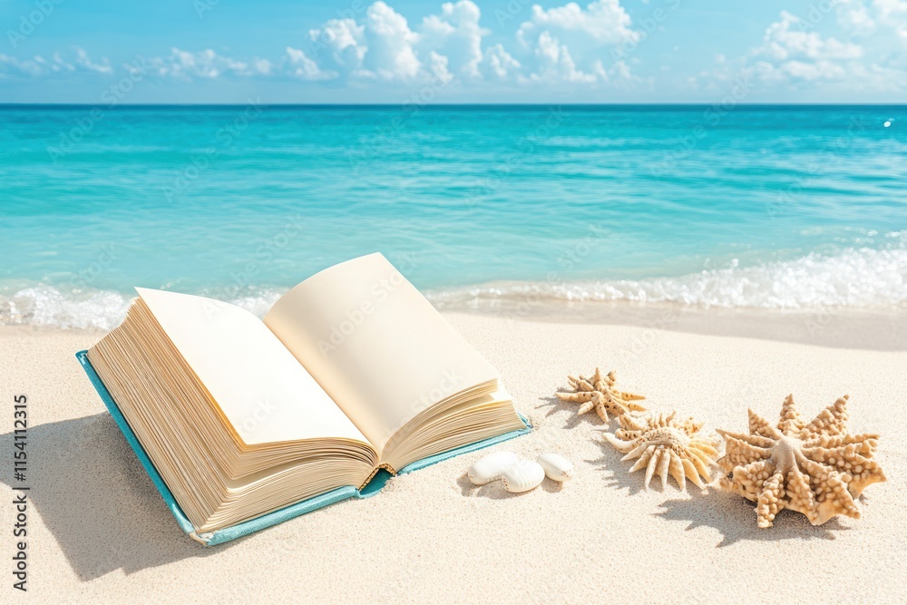 Beachside Inspiration: Blank Book Mockup on Turquoise Water and Blue Sky Beachside Inspiration: Blank Book Mockup on Turquoise Water and Blue Sky