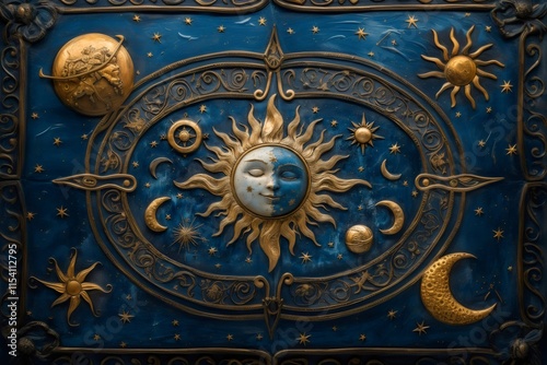 Intricate golden sun and moon celestial art on textured blue background photo