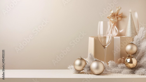 Gift box, glasses and twinkling crytal ball with Christmas background design concept. Christmas and New Year celebration with champagne. Shiny decoration of warm christmas lights and luminous bokeh  photo