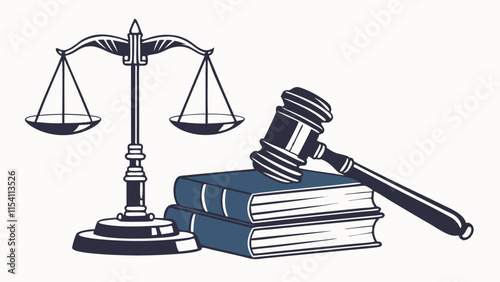 Law and Justice Illustration with Scales, Hammer, and Books .Modern Jurisdiction Illustration with Justice Symbols in Editable Vintage Style