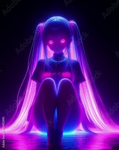 A character with neon pink and blue hair sits in meditation, eyes glowing pink. The dark setting enhances the cyberpunk and anime inspired visuals.