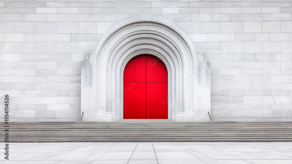 Fototapeta premium a striking red door framed by a white stone archway in an elegant plaza setting