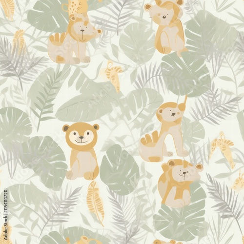 Cute animal patterns featuring playful lions and monkeys among tropical leaves in a light background design. Generative AI photo