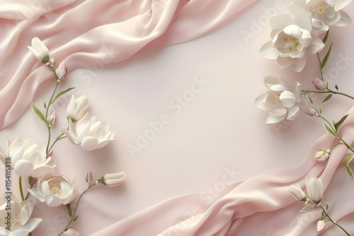 Delicate White Flowers on Pink Silk Fabric. Floral Art Background