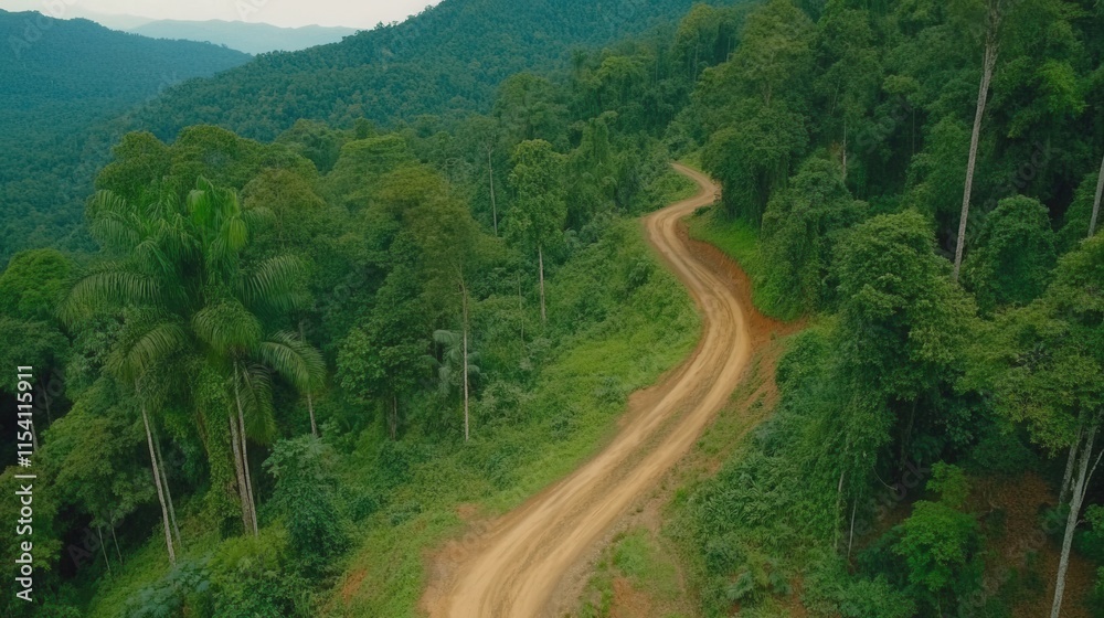Serene Aerial View of Winding Dirt Road Through Lush Green Rainforest Serene Aerial View of Winding Dirt Road Through Lush Green Rainforest