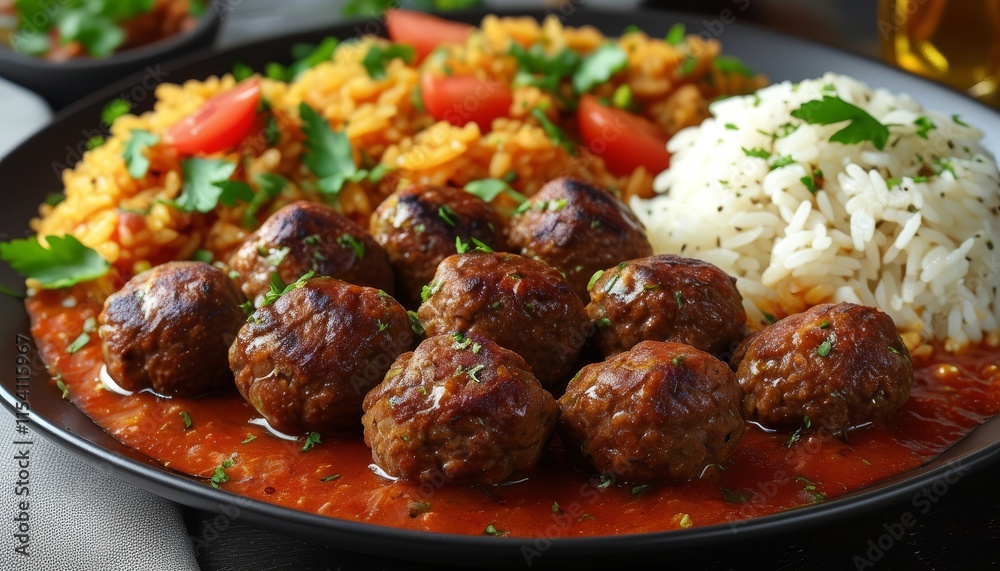 Grilled Meatballs with Rice, Tomato, and Herb Garnish in Upscale Turkish Cuisine Presentation Grilled Meatballs with Rice, Tomato, and Herb Garnish in Upscale Turkish Cuisine Presentation