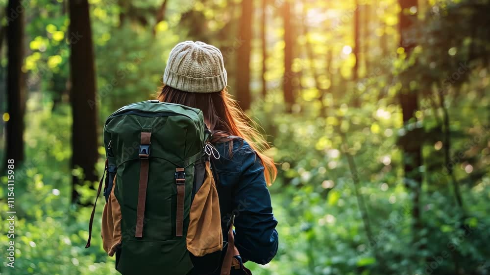 custom made wallpaper toronto digitalHiking woman explores lush spring forest with a backpack and warm hat, Hiking woman walk with a hiking backpack in spring green forest