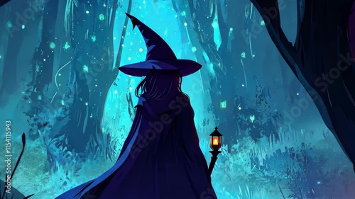 Witch walking through a magical forest at twilight with glowing lanterns and enchanting flora, Animation background of witch in a fantasy forest seamless ing time-lapse background photo