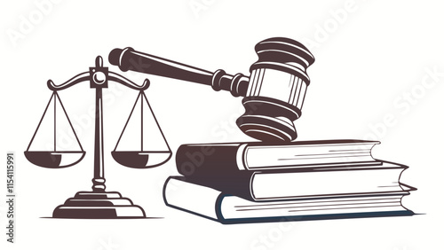 Law and Justice Illustration with Scales, Hammer, and Books .Modern Jurisdiction Illustration with Justice Symbols in Editable Vintage Style