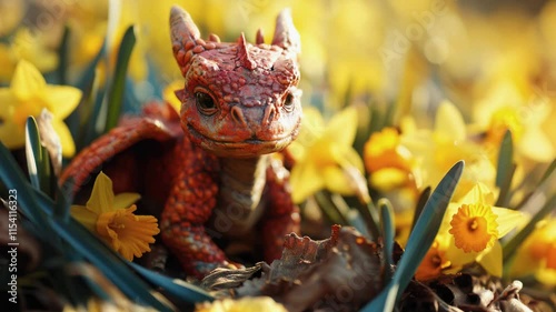 Cute Red Welsh baby dragon in yellow daffodil flowers, Happy Saint David's Day Holiday celebration in Wales, United Kingdom.