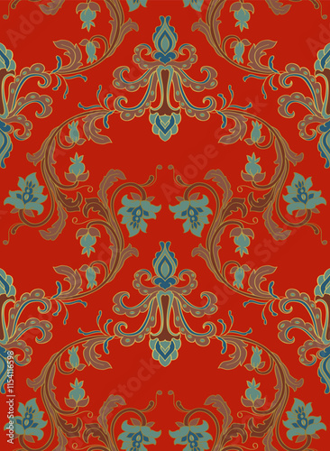 Classic pattern with ornamental flowers. Red floral damask ornament. Seamless background for wallpaper, textile, carpet and any surface. 