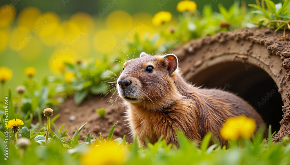 Fototapeta premium Cute guinea pig emerging from its burrow surrounded by blooming yellow flowers