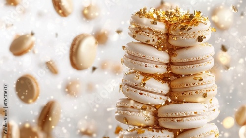 A macaron tower decorated with gold leaf and edible glitter, standing elegantly on a white backdrop. photo