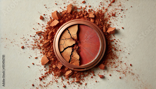 A close-up of a circular blush makeup compact in a warm spice color that is partially crushed, with spice-colored powder scattered around it