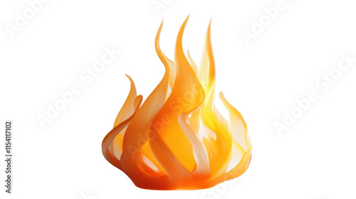 A realistic flame rising from the center, with vibrant orange and yellow hues, set against a pure white background. photo