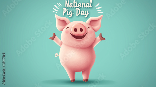 Funny pig illustration poster. Cute pink pig cartoon character, text 