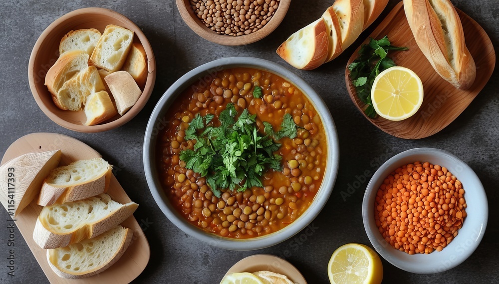 Delicious Turkish Lentil Soup with Fresh Herbs and Accompaniments in a Bowl Delicious Turkish Lentil Soup with Fresh Herbs and Accompaniments in a Bowl