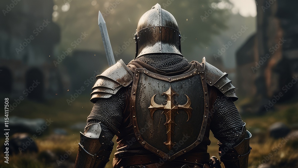 view of epic powerful medieval knight with sword and metal shield guardian warrior, mystic fantasy battle view of epic powerful medieval knight with sword and metal shield guardian warrior, mystic fantasy battle