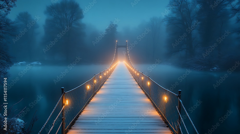 Fototapeta premium Illuminated Suspension Bridge Over Foggy Winter River