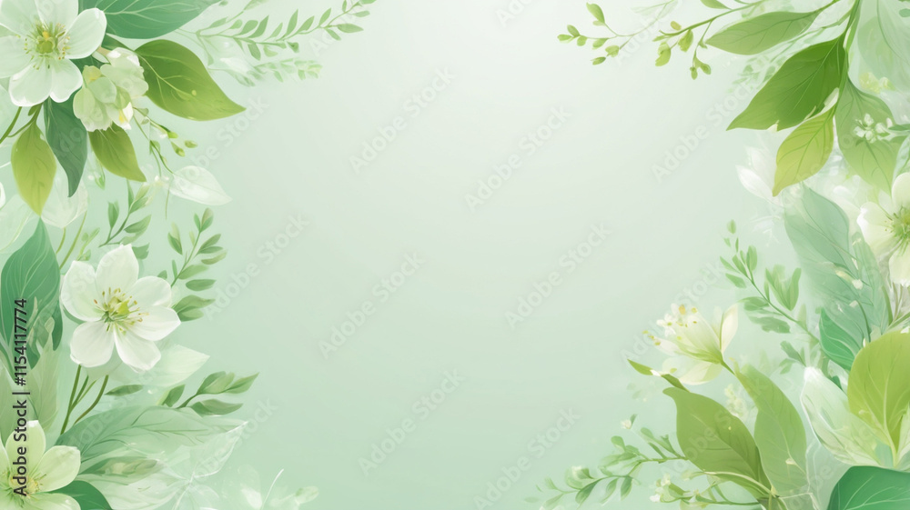 Elegant Botanical Watercolor Frame with Green Leaves and White Space, white flowers on green background Elegant Botanical Watercolor Frame with Green Leaves and White Space, white flowers on green background