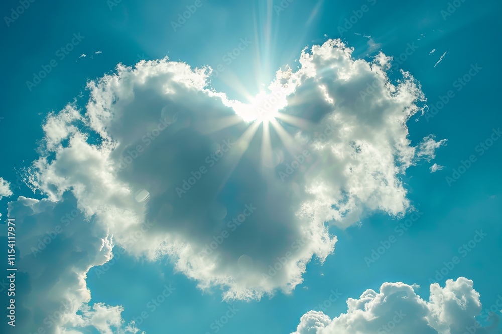 Fotografie Sun shining through clouds in a beautiful blue sky