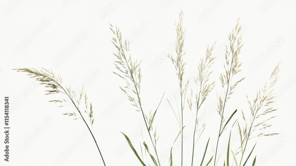 An artistic depiction of tall grass stems swaying slightly, showcasing their delicate leaves, placed on a white background. An artistic depiction of tall grass stems swaying slightly, showcasing their delicate leaves, placed on a white background.