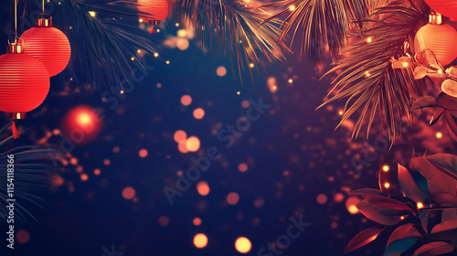 Lantern and Crystal ball on the branch of tree with Holiday festive background concept.Christmas and New Year banner. Happy Chiness New Year banner layout.Greeting cards, festive bokeh lights