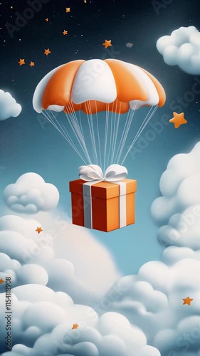 Orange gift box with white ribbon floats gently from a parachute in a dreamy blue sky with white clouds and sparkling stars, airdrop and giveaway concept. Vertical footage.