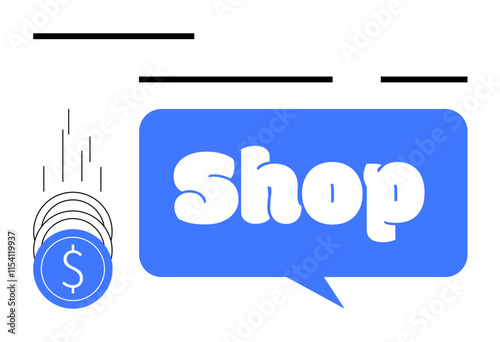 Coins falling beside a large blue speech bubble with the word Shop. Ideal for e-commerce web, v08sites, online shopping, retail marketing, financial apps, digital marketing, customer engagement, sales photo