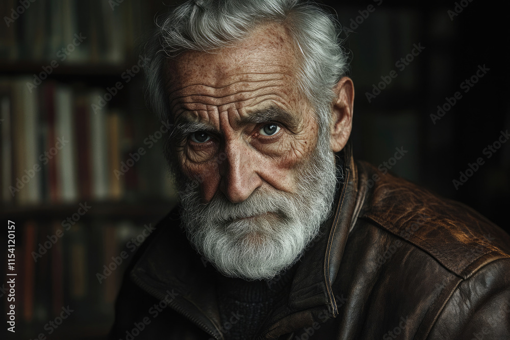 A close-up portrait of a weathered, elderly man with a long white beard, wearing a brown leather jacket. A close-up portrait of a weathered, elderly man with a long white beard, wearing a brown leather jacket.
