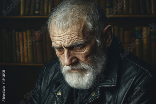 A pensive elderly man with a long white beard, wearing a leather jacket, sits before a bookshelf. photo