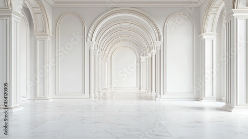 Elegant white hallway with arched ceilings and marble flooring, perfect for interior design, architecture, and luxury project, spacious and bright