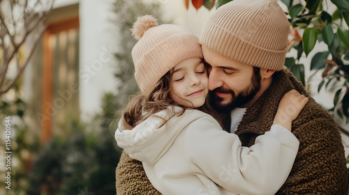 Loving father embraces his daughter, sharing warm moment outdoors