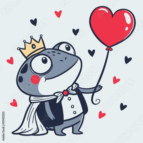 A delightful little frog prince with a tiny golden crown, ideal for magical children's illustrations and fairytale artwork.